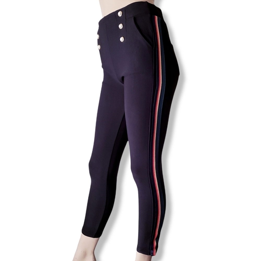 Black High Waisted Skinny Pants With Pearls and Side Stripes